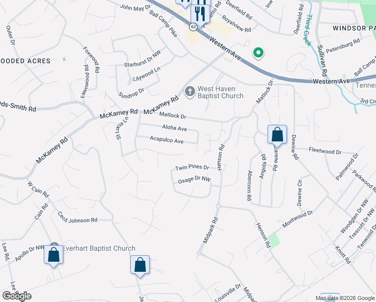 map of restaurants, bars, coffee shops, grocery stores, and more near 5600 Jamaica Lane in Knoxville