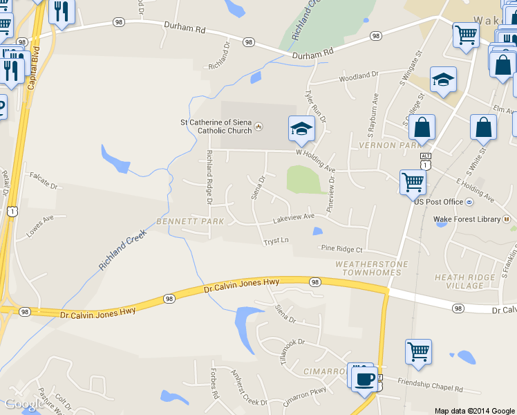 map of restaurants, bars, coffee shops, grocery stores, and more near 917 Siena Drive in Wake Forest