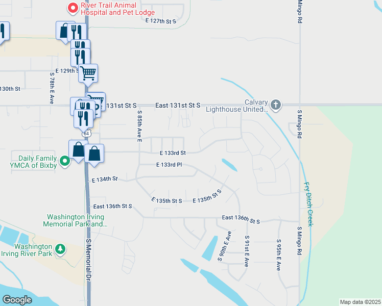 map of restaurants, bars, coffee shops, grocery stores, and more near 8950 East 133rd Street South in Bixby