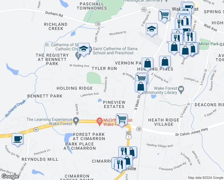 map of restaurants, bars, coffee shops, grocery stores, and more near 105 Agnew Court in Wake Forest