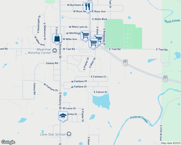 map of restaurants, bars, coffee shops, grocery stores, and more near 29 West Fairlane Court in Sapulpa