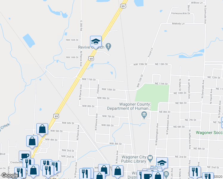 map of restaurants, bars, coffee shops, grocery stores, and more near 498 Northwest 10th Street in Wagoner