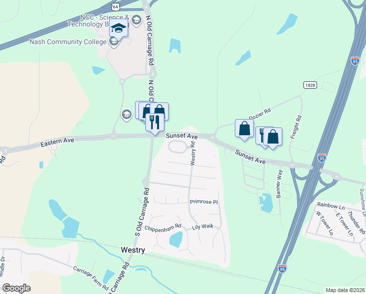 map of restaurants, bars, coffee shops, grocery stores, and more near 4790 Gardenia Circle in Rocky Mount