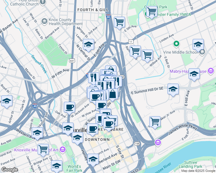 map of restaurants, bars, coffee shops, grocery stores, and more near 118 West Jackson Avenue in Knoxville