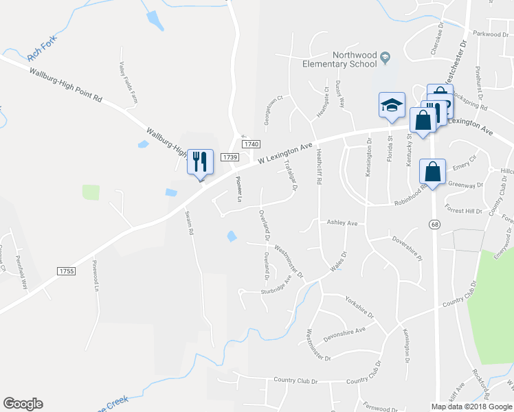 map of restaurants, bars, coffee shops, grocery stores, and more near 1365 Trafalgar Drive in High Point