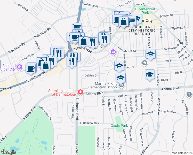 map of restaurants, bars, coffee shops, grocery stores, and more near 850 Armada Place in Boulder City