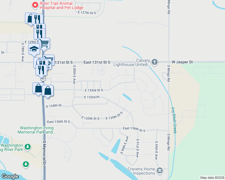 map of restaurants, bars, coffee shops, grocery stores, and more near 8930 East 133rd Street South in Bixby
