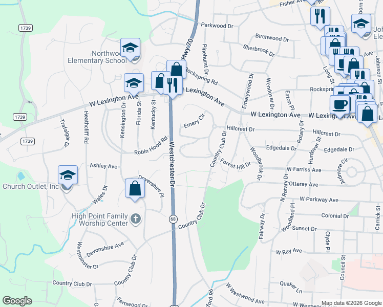 map of restaurants, bars, coffee shops, grocery stores, and more near 1113 Forest Hill Drive in High Point