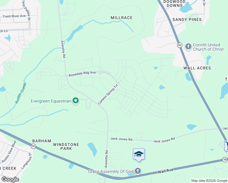 map of restaurants, bars, coffee shops, grocery stores, and more near 1720 Averette Road in Wake Forest