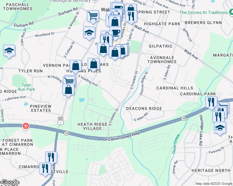map of restaurants, bars, coffee shops, grocery stores, and more near 611 Brooks Street in Wake Forest