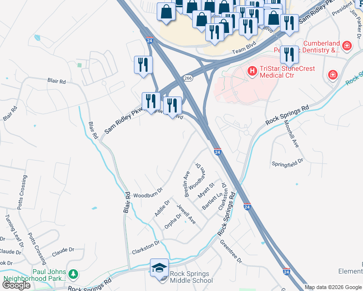 map of restaurants, bars, coffee shops, grocery stores, and more near 617 Woodburn Drive in Smyrna