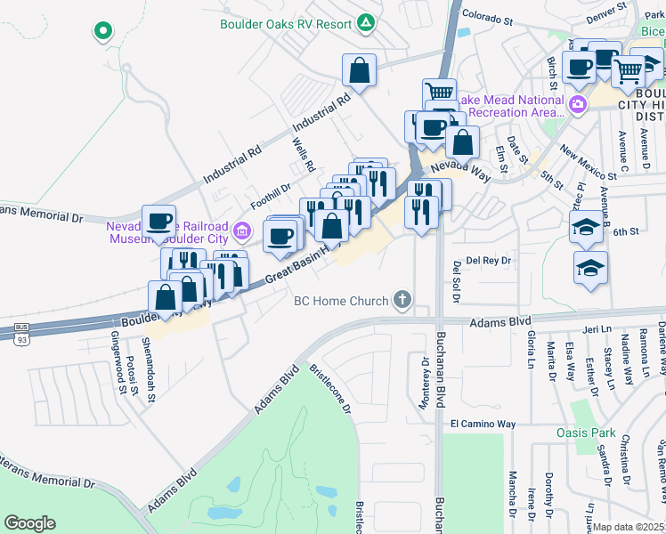 map of restaurants, bars, coffee shops, grocery stores, and more near 1319 Red Baron Lane in Boulder City