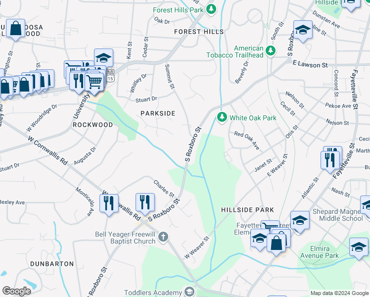 map of restaurants, bars, coffee shops, grocery stores, and more near 2306 South Roxboro Street in Durham