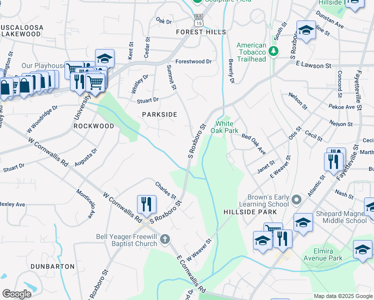 map of restaurants, bars, coffee shops, grocery stores, and more near 2306 South Roxboro Street in Durham