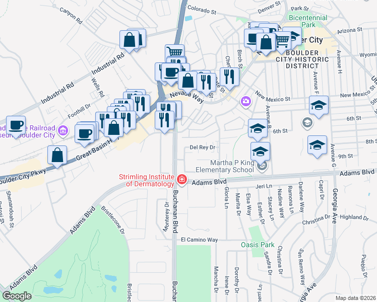map of restaurants, bars, coffee shops, grocery stores, and more near 891 Del Sol Drive in Boulder City