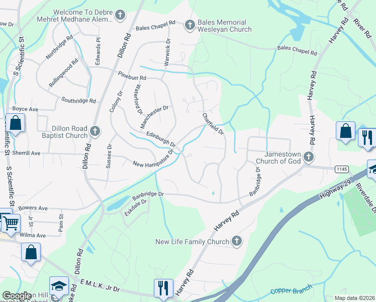 map of restaurants, bars, coffee shops, grocery stores, and more near 1103 Edinburgh Court in Jamestown