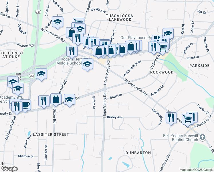 map of restaurants, bars, coffee shops, grocery stores, and more near 2734 University Drive in Durham
