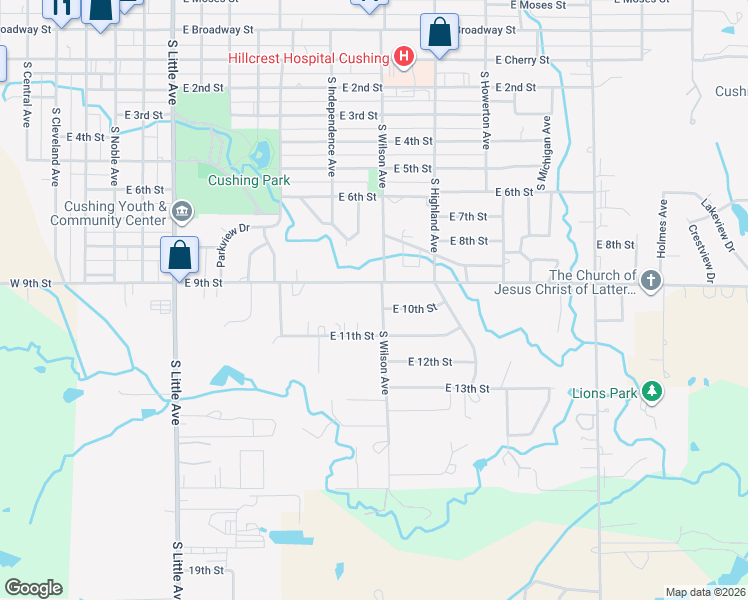 map of restaurants, bars, coffee shops, grocery stores, and more near 1107 South Wilson Avenue in Cushing