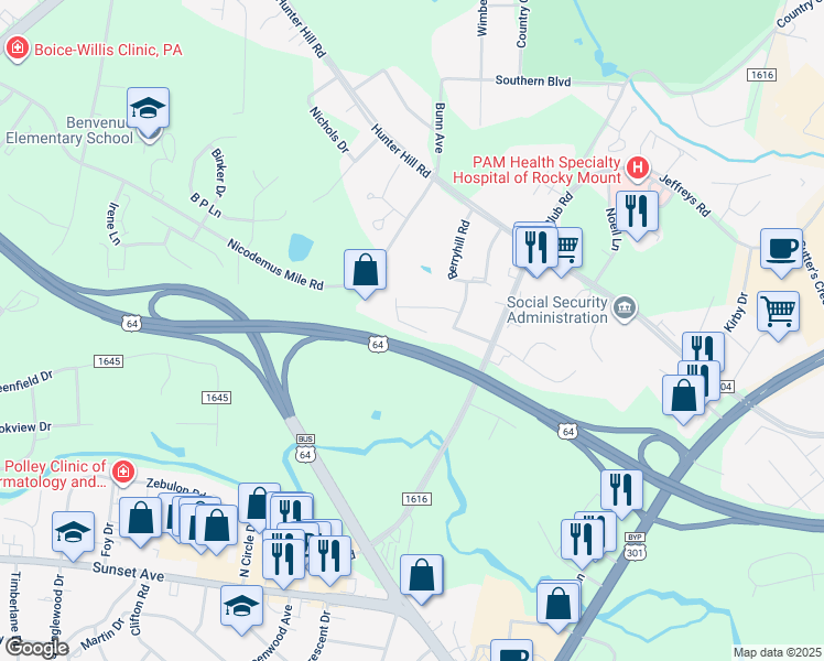 map of restaurants, bars, coffee shops, grocery stores, and more near 612 Pine Knoll Drive in Rocky Mount
