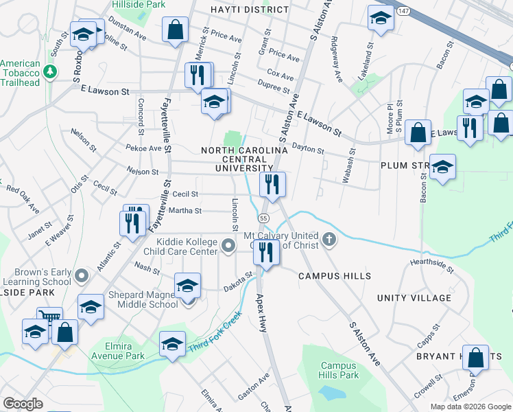 map of restaurants, bars, coffee shops, grocery stores, and more near 712 Cecil Street in Durham