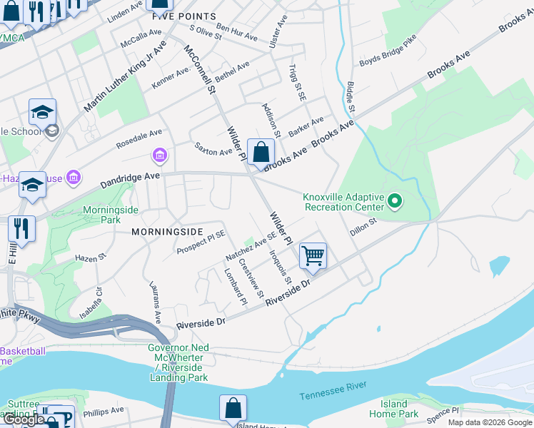 map of restaurants, bars, coffee shops, grocery stores, and more near 1514 Iroquois Street in Knoxville