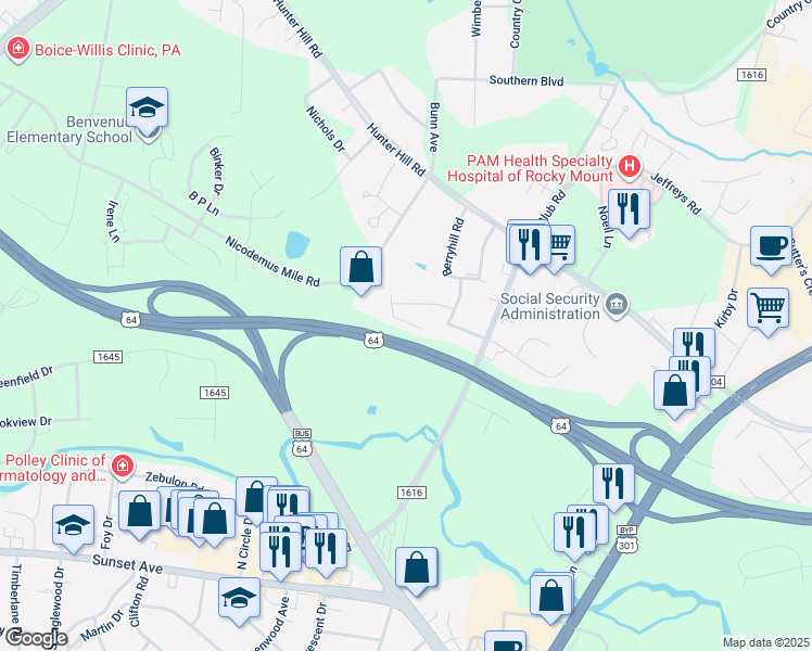 map of restaurants, bars, coffee shops, grocery stores, and more near 612 Pine Knoll Drive in Rocky Mount