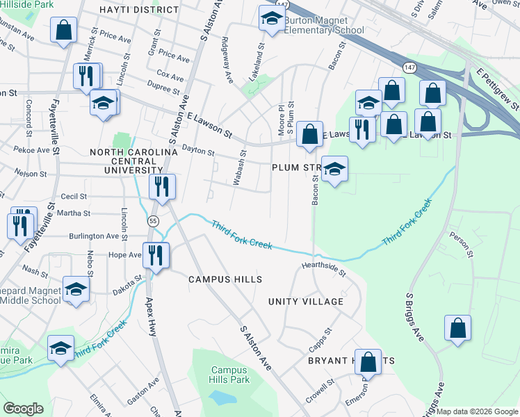 map of restaurants, bars, coffee shops, grocery stores, and more near 1516 Ridgeway Avenue in Durham