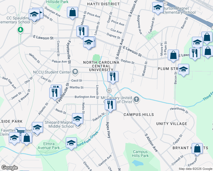 map of restaurants, bars, coffee shops, grocery stores, and more near 711 Burlington Avenue in Durham