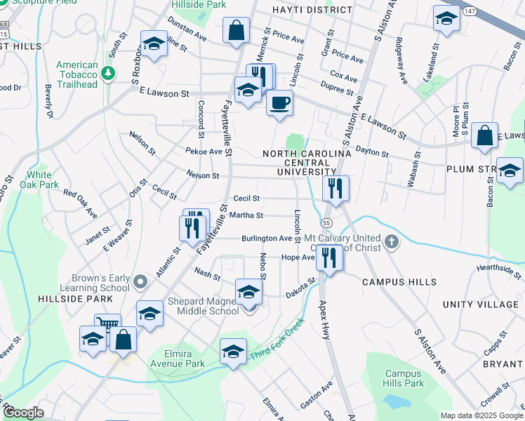 map of restaurants, bars, coffee shops, grocery stores, and more near 534 Martha Street in Durham