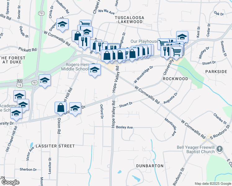 map of restaurants, bars, coffee shops, grocery stores, and more near 2734 University Drive in Durham