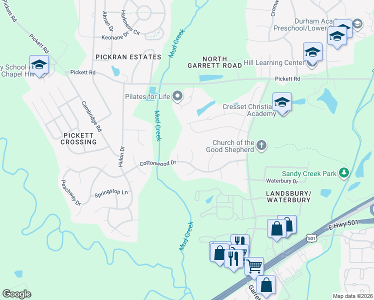 map of restaurants, bars, coffee shops, grocery stores, and more near 3616 Cottonwood Drive in Durham