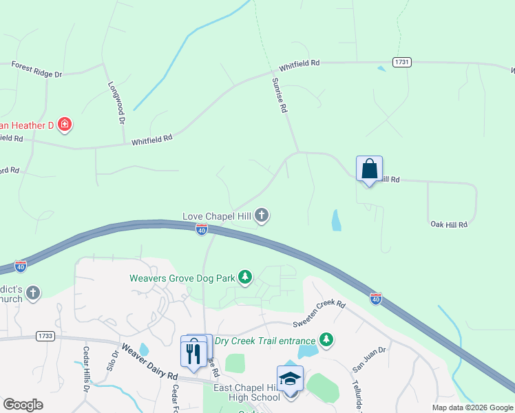 map of restaurants, bars, coffee shops, grocery stores, and more near 7304 Sunrise Road in Chapel Hill