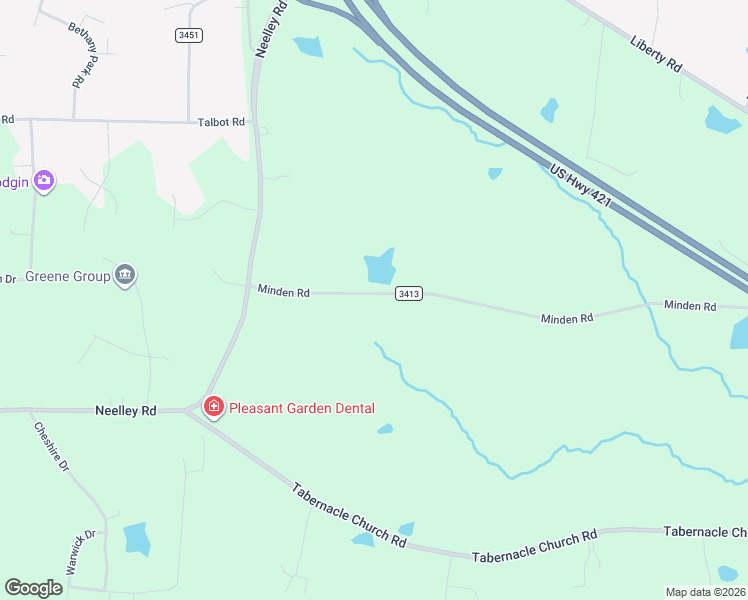 map of restaurants, bars, coffee shops, grocery stores, and more near 2610 Minden Road in Pleasant Garden
