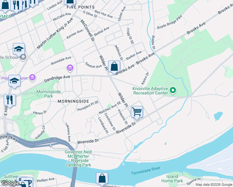 map of restaurants, bars, coffee shops, grocery stores, and more near 1514 Iroquois Street in Knoxville