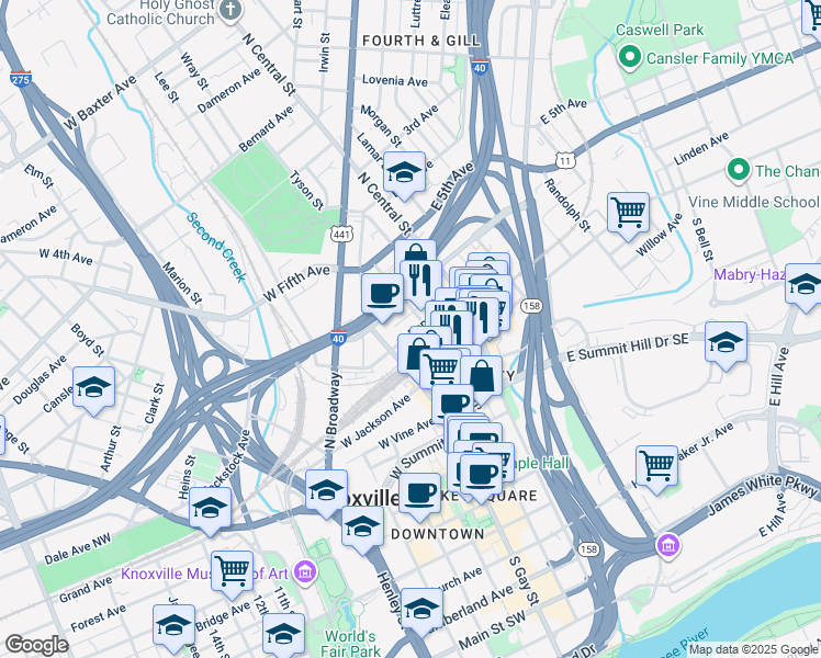 map of restaurants, bars, coffee shops, grocery stores, and more near 306 West Depot Avenue in Knoxville