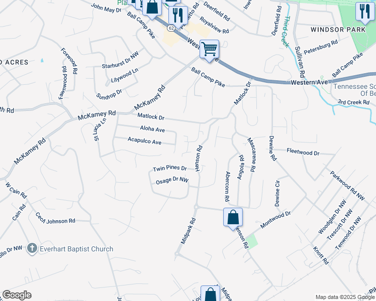 map of restaurants, bars, coffee shops, grocery stores, and more near 4407 Leonie Lane Northwest in Knoxville