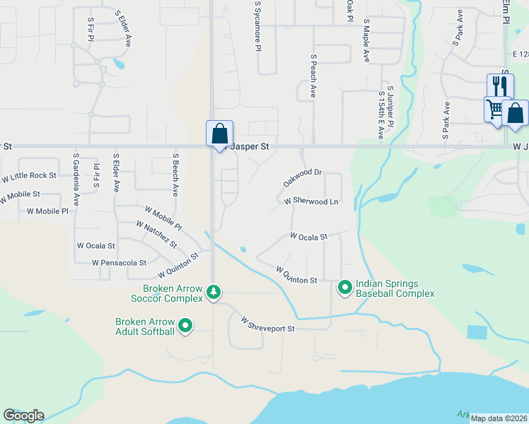 map of restaurants, bars, coffee shops, grocery stores, and more near 1418 West Sherwood Lane in Broken Arrow