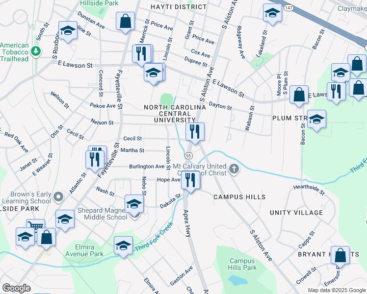 map of restaurants, bars, coffee shops, grocery stores, and more near 712 Cecil Street in Durham
