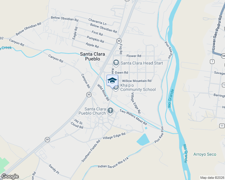 map of restaurants, bars, coffee shops, grocery stores, and more near Kee Street in Santa Clara Pueblo