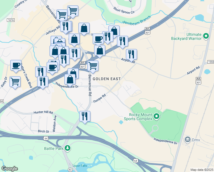 map of restaurants, bars, coffee shops, grocery stores, and more near Independence Drive in Rocky Mount