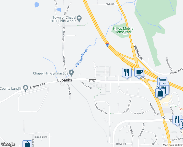 map of restaurants, bars, coffee shops, grocery stores, and more near 2000 Eubanks Road in Chapel Hill