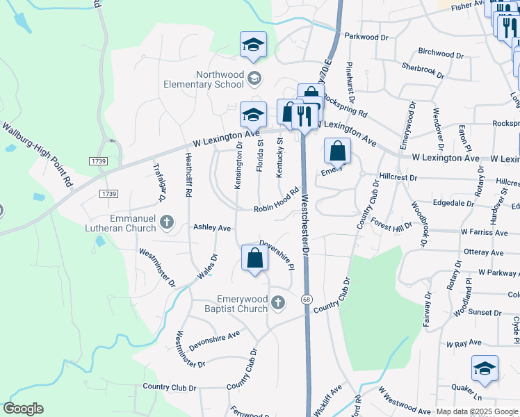 map of restaurants, bars, coffee shops, grocery stores, and more near 1300 Florida Street in High Point