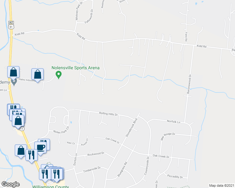 map of restaurants, bars, coffee shops, grocery stores, and more near 2137 Kidd Road in Nolensville