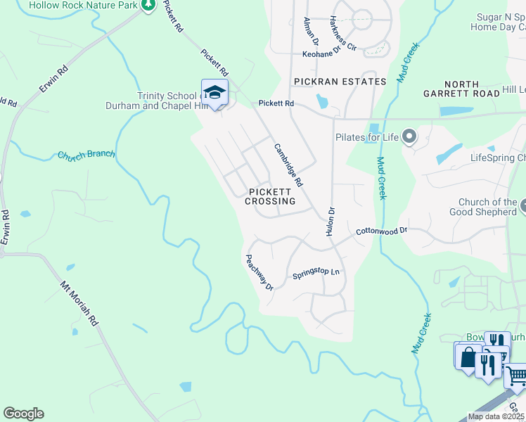 map of restaurants, bars, coffee shops, grocery stores, and more near 4110 Branchwood Drive in Durham