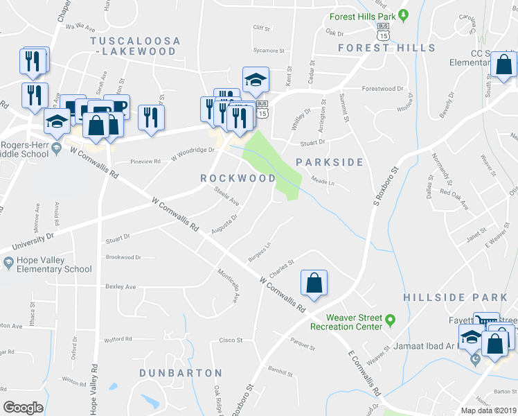 map of restaurants, bars, coffee shops, grocery stores, and more near 2624 East Shoreham Street in Durham