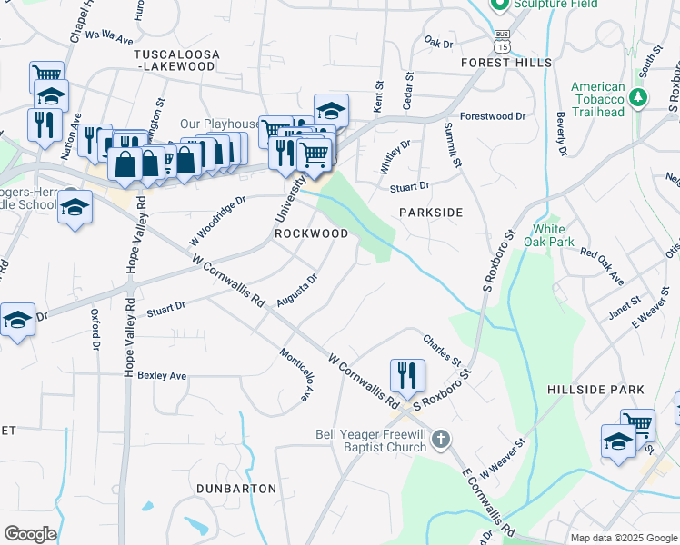 map of restaurants, bars, coffee shops, grocery stores, and more near 2624 East Shoreham Street in Durham