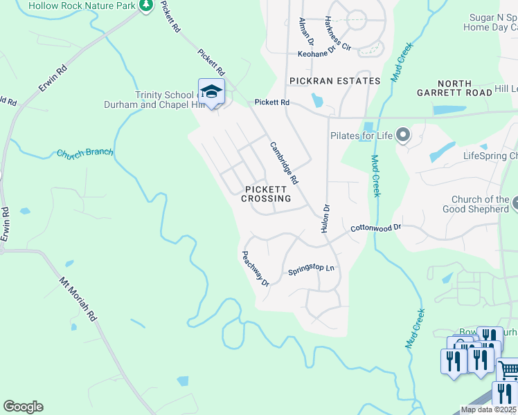 map of restaurants, bars, coffee shops, grocery stores, and more near 4110 Branchwood Drive in Durham