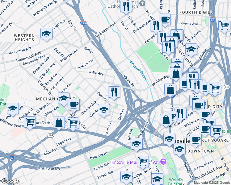 map of restaurants, bars, coffee shops, grocery stores, and more near 512 Cansler Avenue in Knoxville