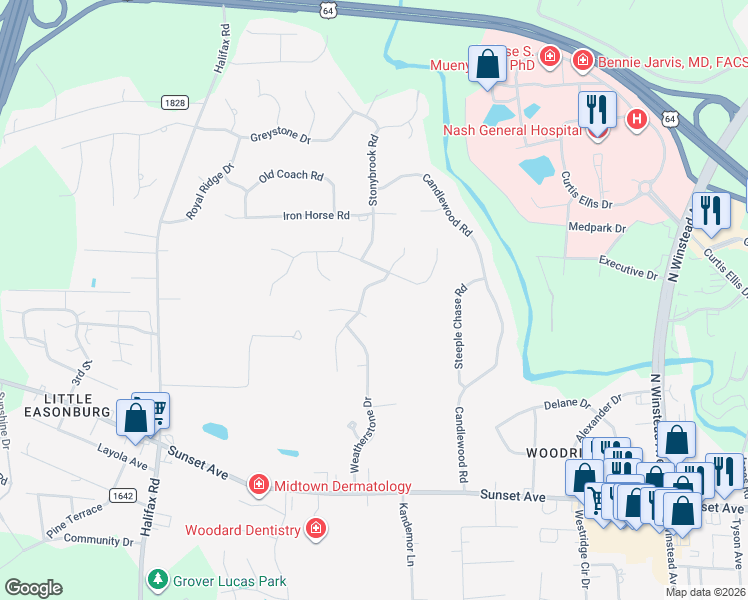 map of restaurants, bars, coffee shops, grocery stores, and more near 104 Autumn Ct in Rocky Mt