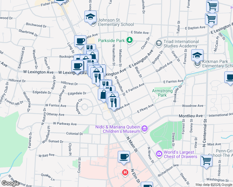 map of restaurants, bars, coffee shops, grocery stores, and more near 1110 Johnson Street in High Point
